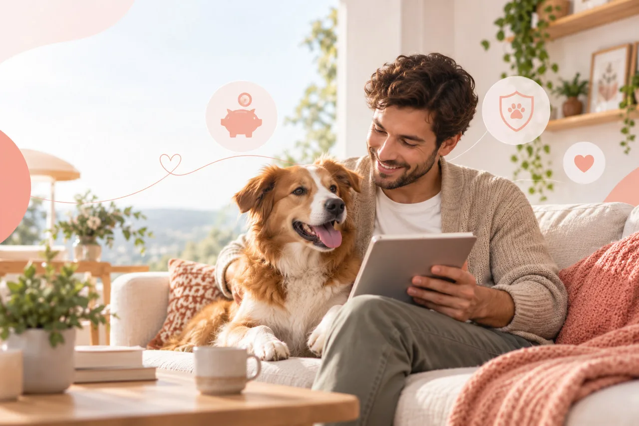 Owner reading a document with a dog beside him